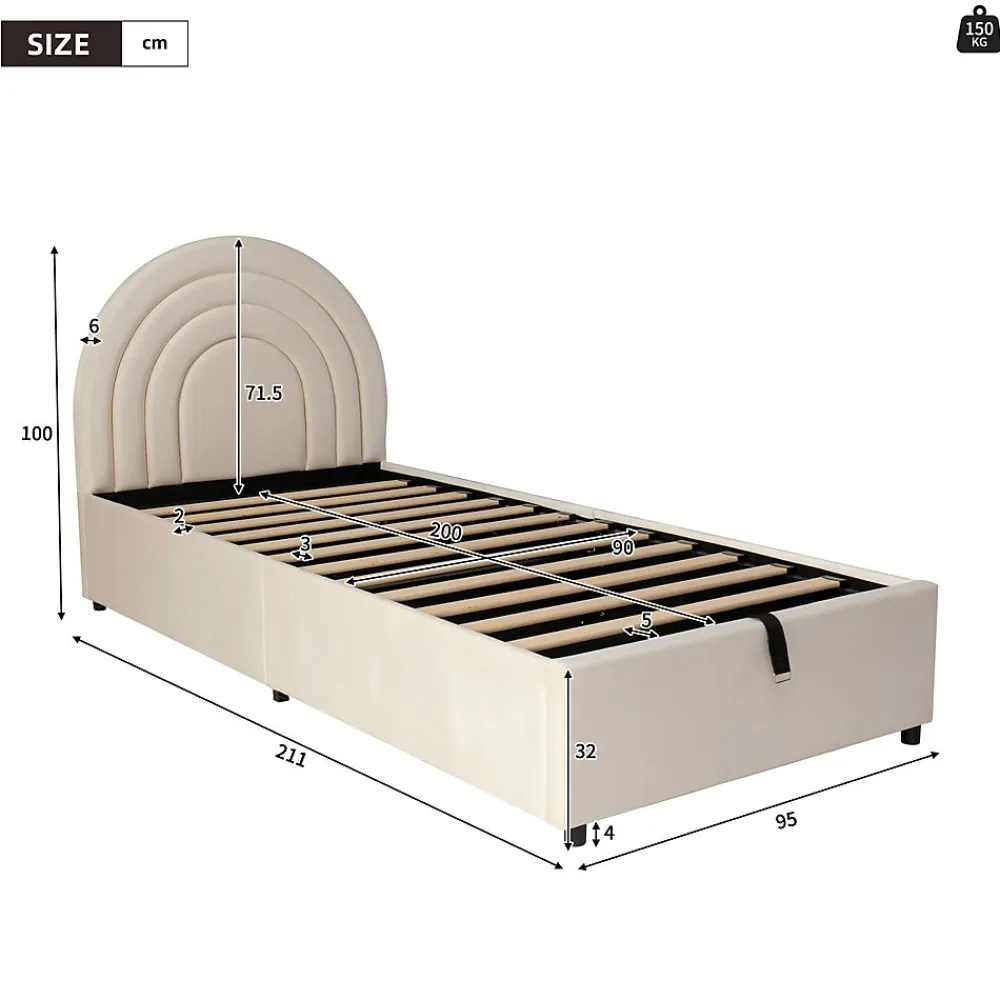 Lit rembourré 90x200 cm avec sommier et tête de lit en velours beige lattes en bois montage facile pour jeunes et adultes>Redom Clearance