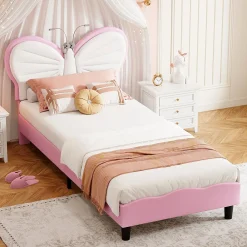 Lit Rembourré 90x200 cm, Cadre de lit Simple avec sommier à Lattes, Cadre de lit pour Enfants, Adolescents, Adultes, Velours, Pink><noscript><img width=