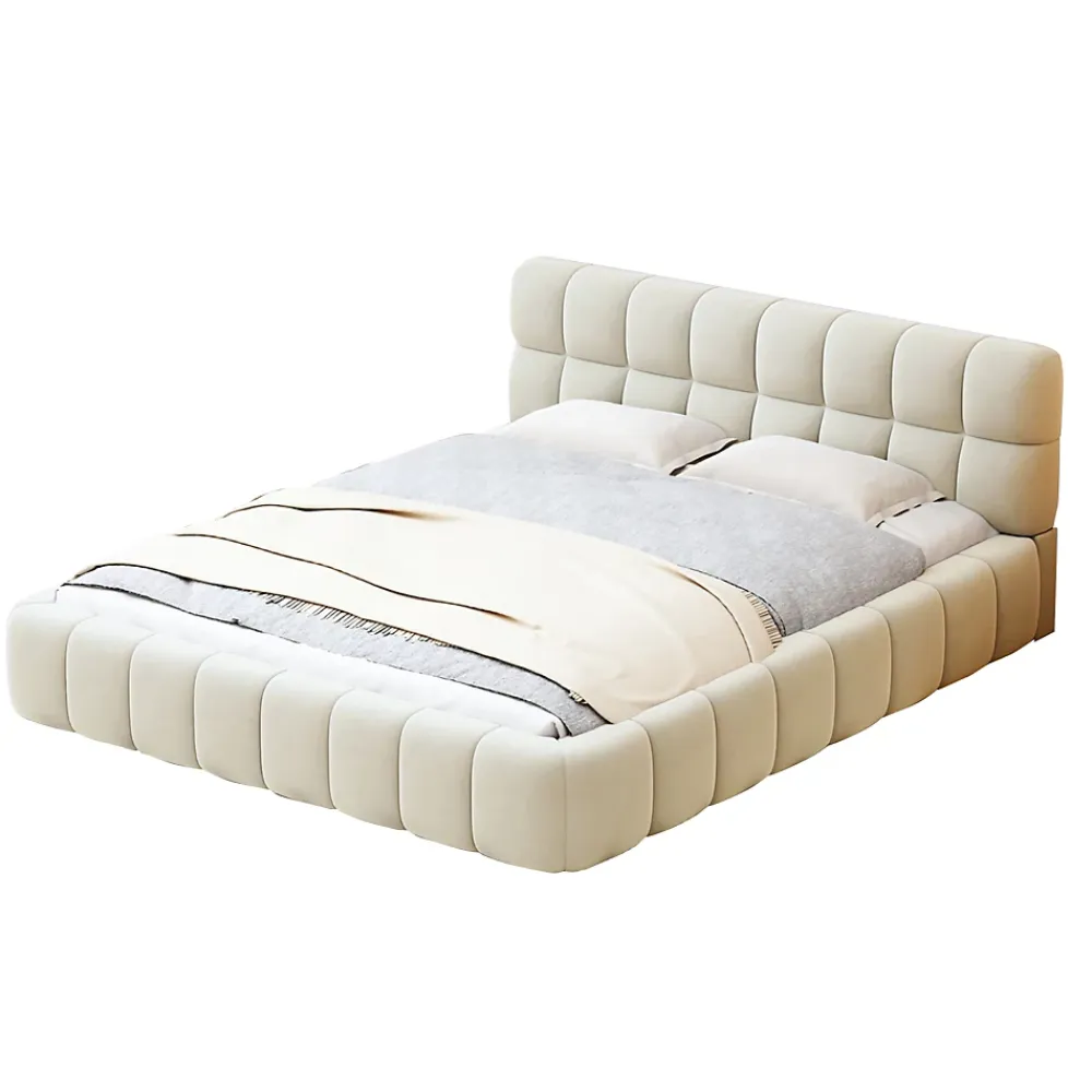ProximaX Lit rembourré 140x190 cm en lin, dossier moelleux, cadre rembourré, sommier à lattes inclus, lit jeune/double, Beige* Lit Coffre
