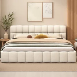 ProximaX Lit rembourré 140x190 cm en lin, dossier moelleux, cadre rembourré, sommier à lattes inclus, lit jeune/double, Beige* Lit Coffre