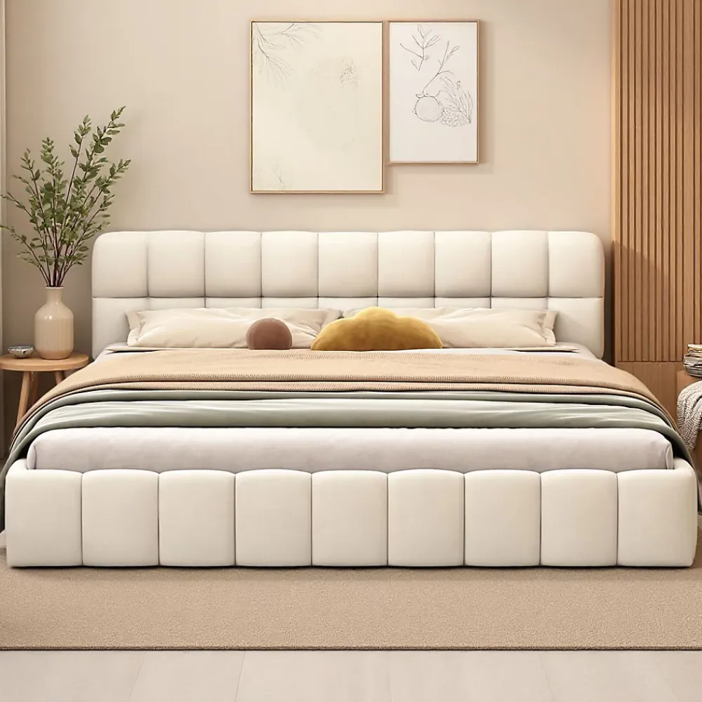 ProximaX Lit rembourré 140x190 cm en lin, dossier moelleux, cadre rembourré, sommier à lattes inclus, lit jeune/double, Beige* Lit Coffre