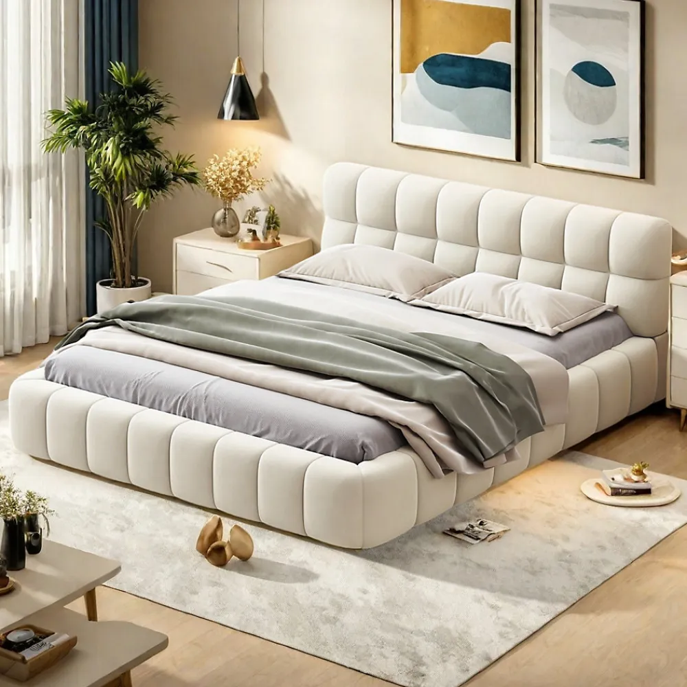 Lit rembourré 140x200 cm en lin avec dossier moelleux, bordure rembourrée et sommier à lattes, Lit double, Beige>ProximaX