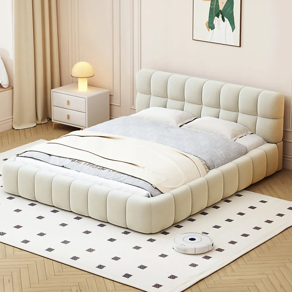Lit rembourré 140x200 cm en lin avec dossier moelleux, bordure rembourrée et sommier à lattes, Lit double, Beige>ProximaX