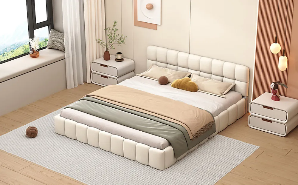 Lit rembourré 140x200 cm en lin avec dossier moelleux, bordure rembourrée et sommier à lattes, Lit double, Beige>ProximaX
