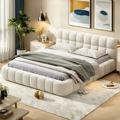 Lit rembourré 140x200 cm en lin avec dossier moelleux, bordure rembourrée et sommier à lattes, Lit double, Beige>ProximaX Discount