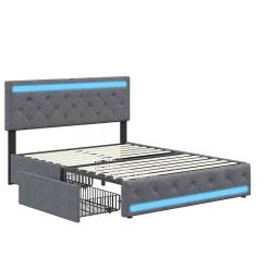 Lit rembourré 140x190 cm, LED, 4 tiroirs, USB, coffre en lin, sommier bois -Gris><noscript><img width=