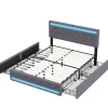 Lit rembourré 180x200 cm, LED, 4 tiroirs, USB, coffre en lin, sommier bois -Gris>Simple Life
