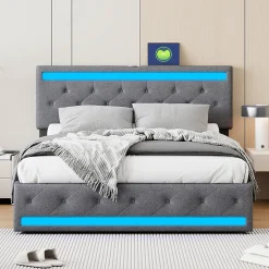 Lit rembourré 180x200 cm, LED, 4 tiroirs, USB, coffre en lin, sommier bois -Gris><noscript><img width=
