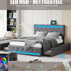 Lit rembourré 180x200 cm, LED, 4 tiroirs, USB, coffre en lin, sommier bois -Gris><noscript><img width=