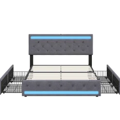 Lit rembourré 180x200 cm, LED, 4 tiroirs, USB, coffre en lin, sommier bois -Gris><noscript><img width=