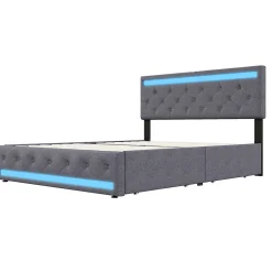 Lit rembourré 180x200 cm, LED, 4 tiroirs, USB, coffre en lin, sommier bois -Gris><noscript><img width=