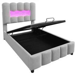 Lit rembourré 90x200 cm, LED, hydraulique, tête réglable, velours - gris><noscript><img width=