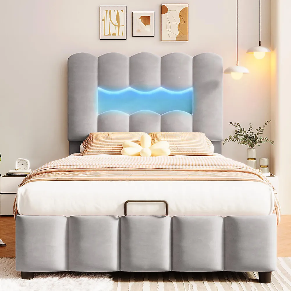 Lit rembourré 90x200 cm, LED, hydraulique, tête réglable, velours - gris>Blackcolors Clearance
