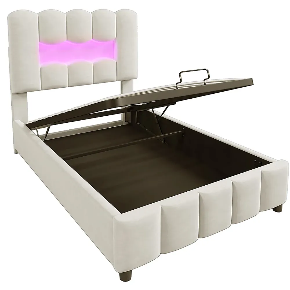 Blackcolors Lit rembourré 90x200 cm, LED, hydraulique, tête réglable, velours - beige* Lit Coffre