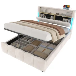 Blackcolors Lit rembourré 140x200 cm, LED, rangement hydraulique, USB/Type-C, velours - beige* Lit Coffre
