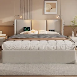 Gutent Lit rembourré 140x200 cm, lit avec rangement, lit double avec sommier à lattes et lampe de lecture, lin, beige, sans matelas* Lit Avec Rangement