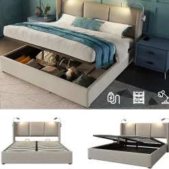 Gutent Lit rembourré 140x200 cm, lit avec rangement, lit double avec sommier à lattes et lampe de lecture, lin, beige, sans matelas* Lit Avec Rangement