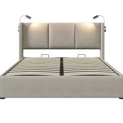 Gutent Lit rembourré 140x200 cm, lit avec rangement, lit double avec sommier à lattes et lampe de lecture, lin, beige, sans matelas* Lit Avec Rangement