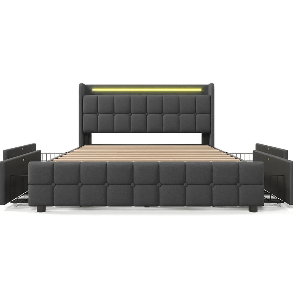 Gutent Lit rembourré 180x200 cm lit de rangement lit 4 tiroirs lit éclairage led lit sommier à lattes en bois lit double lin gris* Lit Avec Rangement