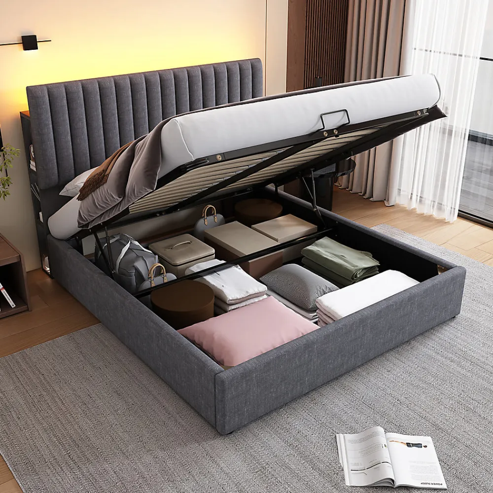lit rembourré 160x200 cm lit de rangement avec fonction de recharge usb type c lit sommier à lattes en bois lit double lin gris>Gutent Hot