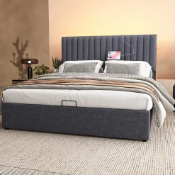 lit rembourré 160x200 cm lit de rangement avec fonction de recharge usb type c lit sommier à lattes en bois lit double lin gris><noscript><img width=