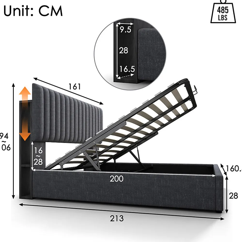 lit rembourré 160x200 cm lit de rangement avec fonction de recharge usb type c lit sommier à lattes en bois lit double lin gris>Gutent Hot