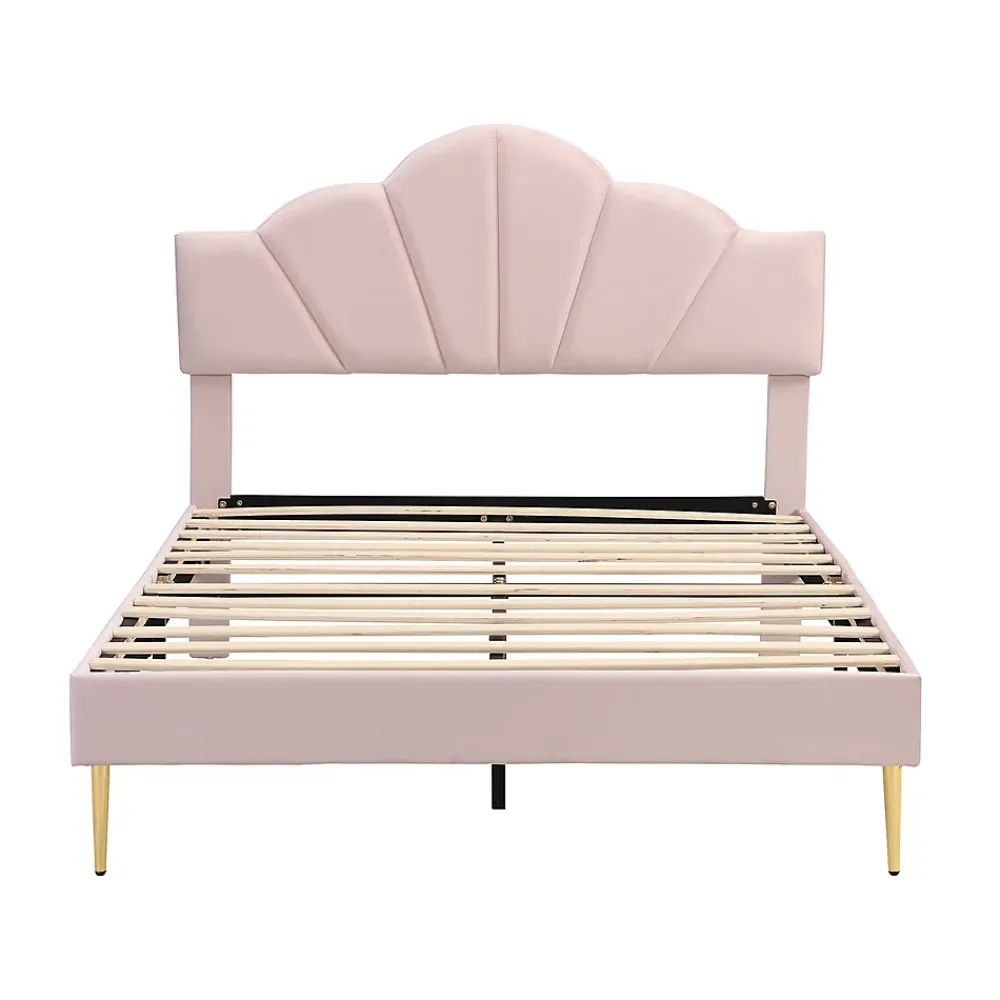 Gutent Lit rembourré 140x190 cm lit double avec sommier à lattes - tête de lit réglable - tissu en velours - rose* Lit Double