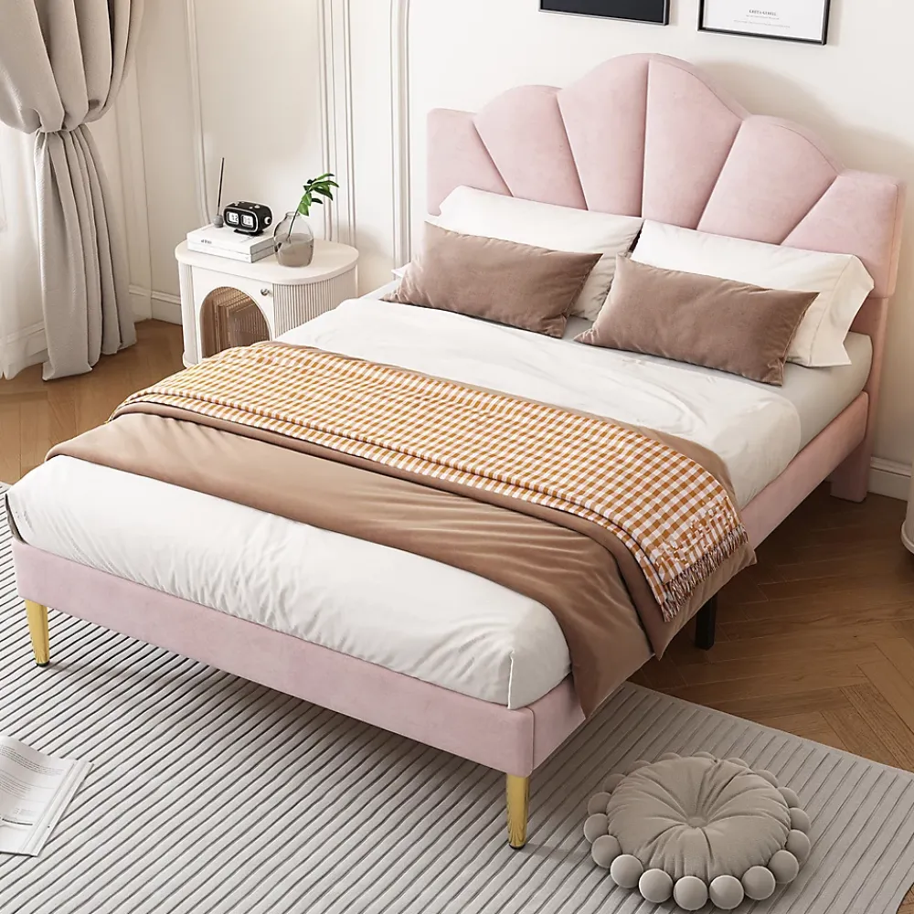 Gutent Lit rembourré 140x190 cm lit double avec sommier à lattes - tête de lit réglable - tissu en velours - rose* Lit Double