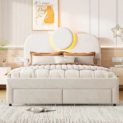 Simple Life Lit Rembourré 140x200 cm, lit double avec éclairage LED et 2 tiroirs, pour adultes et adolescents* Lit Coffre