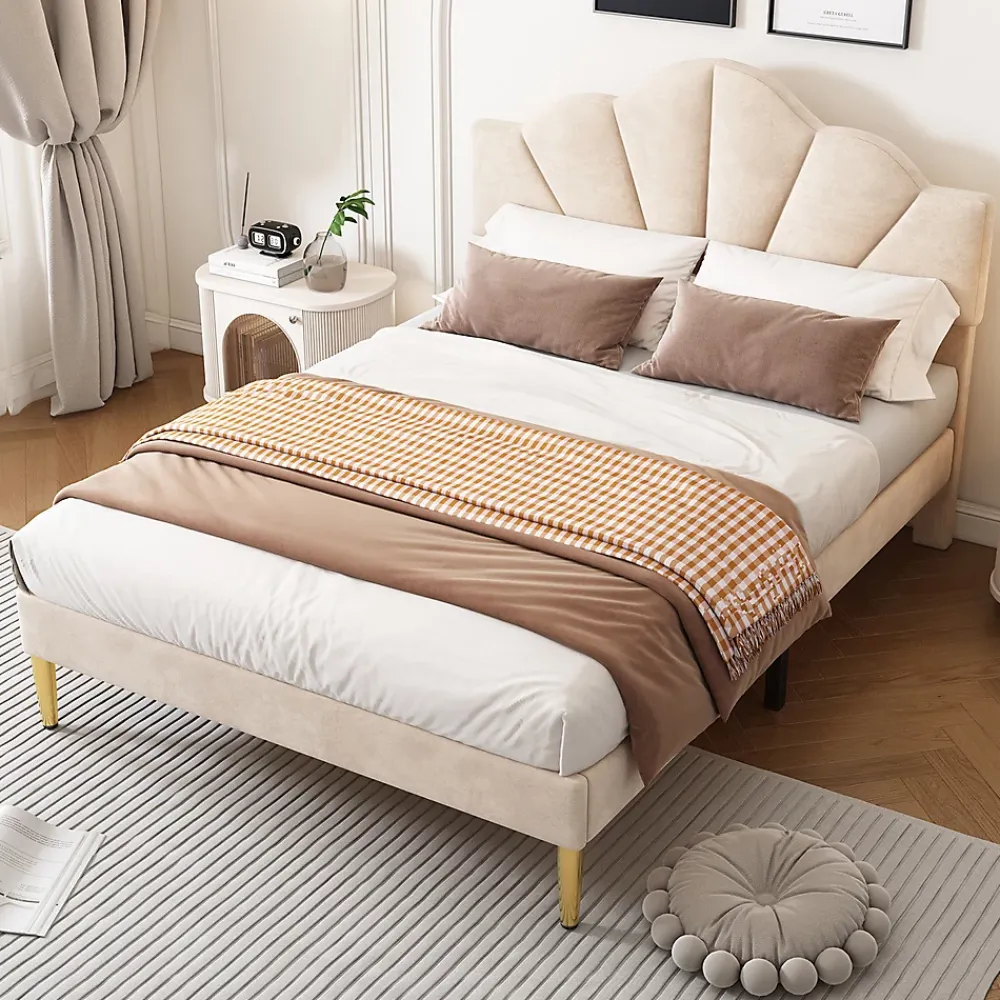 Gutent Lit rembourré 140x190 cm lit double avec sommier à lattes - tête de lit réglable - tissu en velours - beige* Lit Double