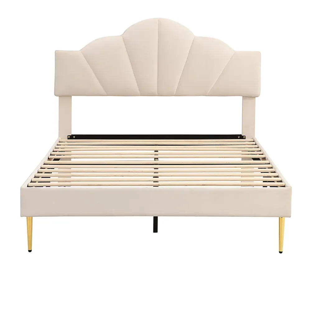 Gutent Lit rembourré 140x190 cm lit double avec sommier à lattes - tête de lit réglable - tissu en velours - beige* Lit Double
