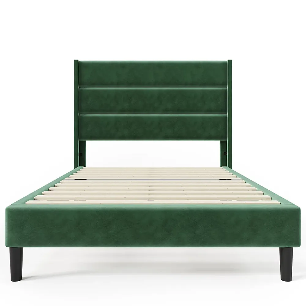 Gutent Lit rembourré 90x200 cm, lit double avec sommier à lattes et tête de lit, lit d'enfant, velours, vert foncé* Lit Double