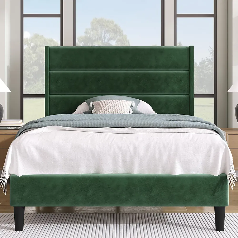 Gutent Lit rembourré 90x200 cm, lit double avec sommier à lattes et tête de lit, lit d'enfant, velours, vert foncé* Lit Double