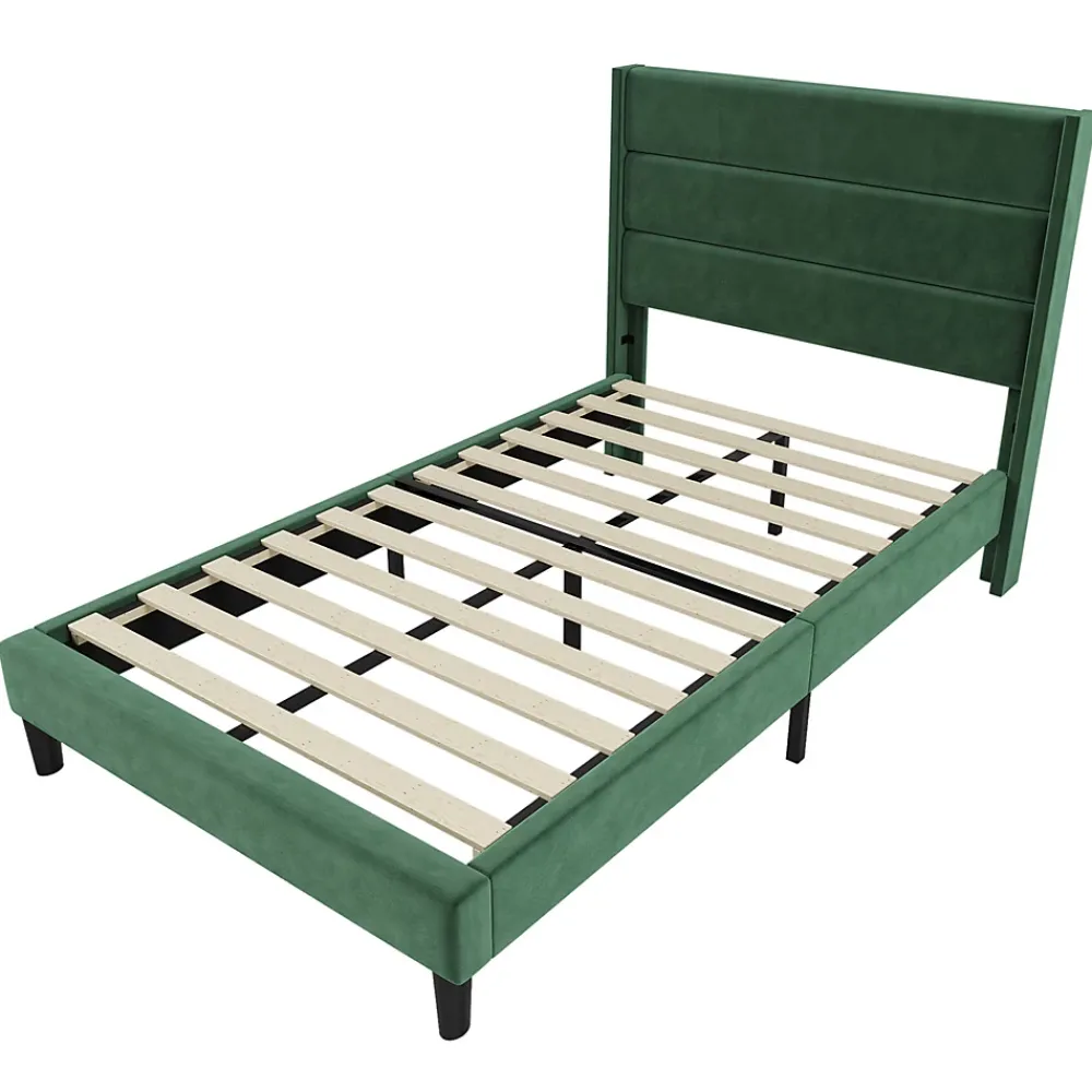 Gutent Lit rembourré 90x200 cm, lit double avec sommier à lattes et tête de lit, lit d'enfant, velours, vert foncé* Lit Double