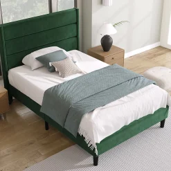 Gutent Lit rembourré 90x200 cm, lit double avec sommier à lattes et tête de lit, lit d'enfant, velours, vert foncé* Lit Double