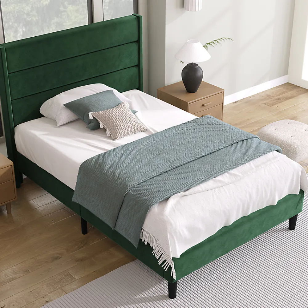 Gutent Lit rembourré 90x200 cm, lit double avec sommier à lattes et tête de lit, lit d'enfant, velours, vert foncé* Lit Double