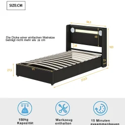 Gutent Lit rembourré 90x200 cm lit sommier à lattes lit barre lumineuse à led lecteur bluetooth et recharge usb Single cuir pu noir* Lit Simple