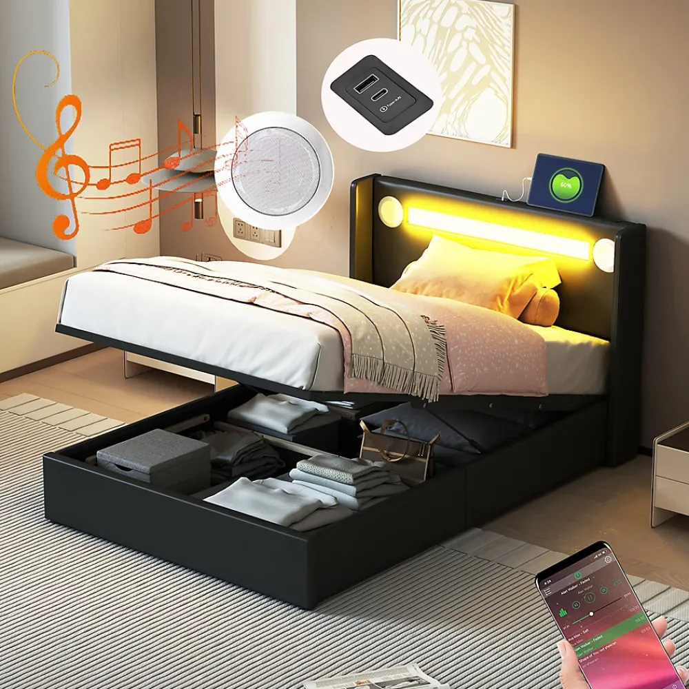 Gutent Lit rembourré 90x200 cm lit sommier à lattes lit barre lumineuse à led lecteur bluetooth et recharge usb Single cuir pu noir* Lit Simple