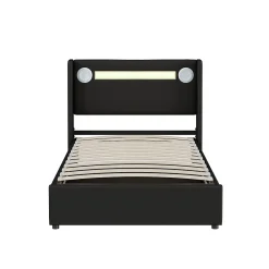 Gutent Lit rembourré 90x200 cm lit sommier à lattes lit barre lumineuse à led lecteur bluetooth et recharge usb Single cuir pu noir* Lit Simple