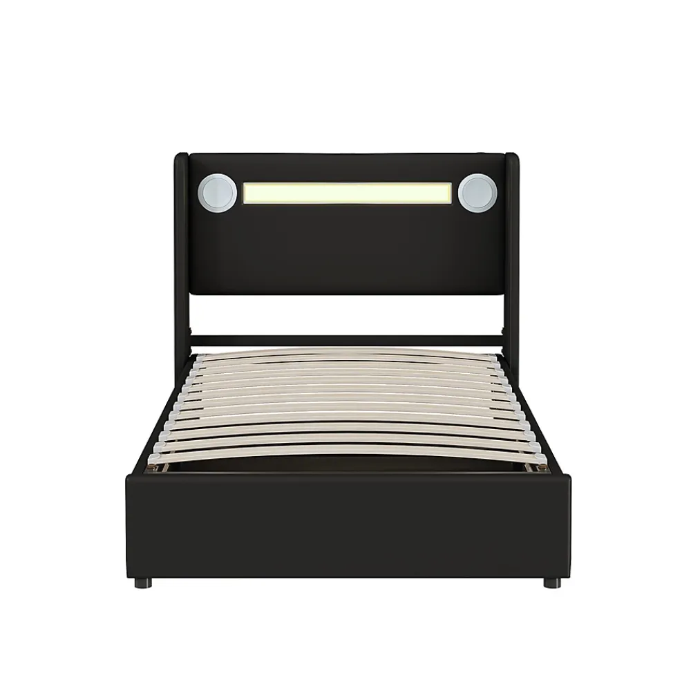 Gutent Lit rembourré 90x200 cm lit sommier à lattes lit barre lumineuse à led lecteur bluetooth et recharge usb Single cuir pu noir* Lit Simple