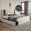 Lit rembourré 160x200 cm lit sommier à lattes en bois lit chargement sans fil usb c lit 4 tiroirs lit double velours beige>Gutent Outlet