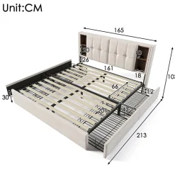 Lit rembourré 160x200 cm lit sommier à lattes en bois lit chargement sans fil usb c lit 4 tiroirs lit double velours beige><noscript><img width=