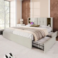 Lit rembourré 160x200 cm lit sommier à lattes en bois lit chargement sans fil usb c lit 4 tiroirs lit double velours beige><noscript><img width=