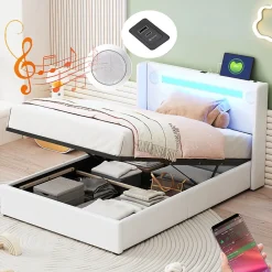 Lit rembourré 90x200 cm lit sommier à lattes lit barre lumineuse à led lecteur bluetooth et recharge usb Single cuir pu blanc>Gutent Online