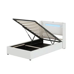 Lit rembourré 90x200 cm lit sommier à lattes lit barre lumineuse à led lecteur bluetooth et recharge usb Single cuir pu blanc><noscript><img width=