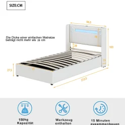 Lit rembourré 90x200 cm lit sommier à lattes lit barre lumineuse à led lecteur bluetooth et recharge usb Single cuir pu blanc><noscript><img width=