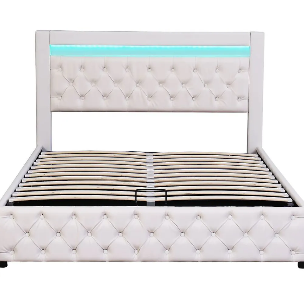 Blackcolors Lit Rembourré 140X200 Cm Sommier Rangement LED Blanc PU* Lit Avec Rangement