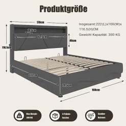 Lit rembourré 160x200 cm, tête LED, rangement, sommiers gaz, USB, poches latérales><noscript><img width=
