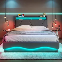 Lit rembourré 160x200 cm, tête LED, rangement, sommiers gaz, USB, poches latérales><noscript><img width=
