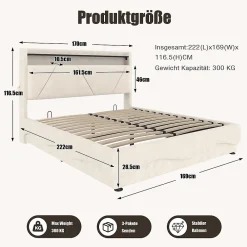 Blackcolors Lit rembourré 160x200 cm, tête LED, surfaces rangement, sommiers gaz, USB, poches* Lit Coffre